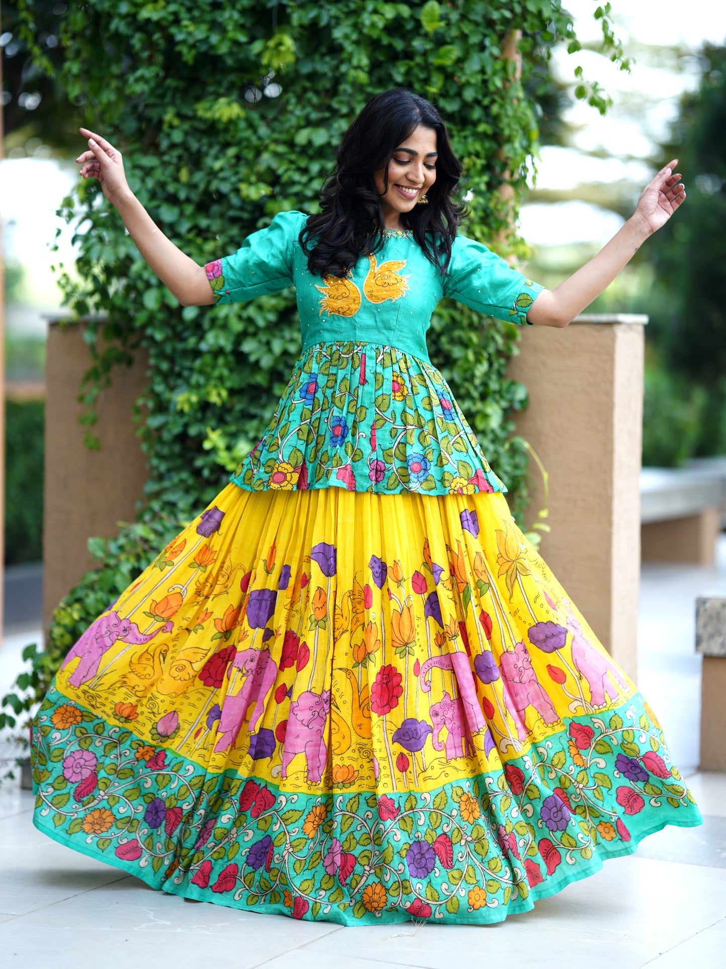 Elephant Kalamkari Lehanga and Peplum