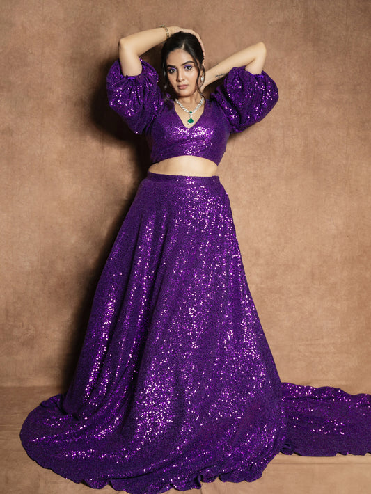 Purple Sequins Croptop Lehanga featuring Sreemukhi